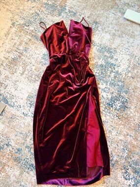 Lulu's Burgundy Velvet Midi Slip Dress with Side Slit